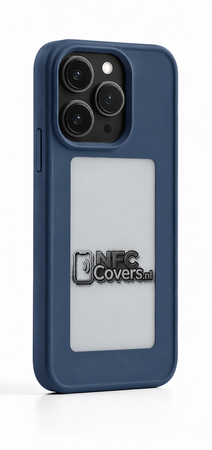 NFC E-Ink telefoonhoesje voor iPhone in blauw met E-Ink scherm op de achterkant