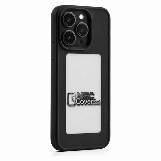 NFC E-Ink telefoonhoesje voor iPhone in zwart, volledig zichtbaar met E-Ink scherm op de achterkant
